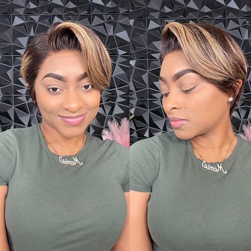 QTIKER 13x4 Pixie Cut Short Bob Wig Highlight Honey Blonde Brown Color Straight Short Bob Transparent Lace Front Human Hair Wigs For Women Brazilian Virgin Hair 150 Density Pre Plucked