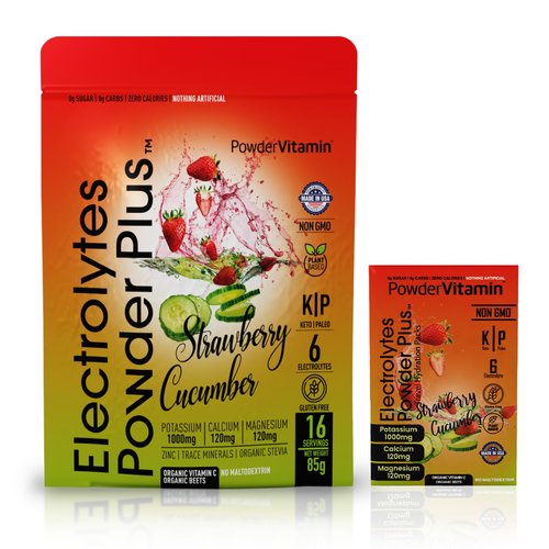 PowderVitamin Electrolytes Powder Plus, Keto, Strawberry Cucumber, Sugar Free, Pink Himalayan Salt, 1000mg Potassium, 120mg Calcium, 120mg Magnesium, Non-GMO, Zero Calories, (16 Hydration Packets)