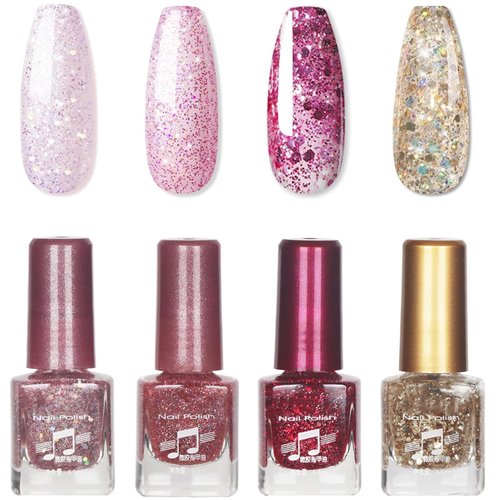EONFAVE Glitter Nail Polish Sets - Flash Pink Nail Varnish Set - 4 Colours Long-lasting Nude Glitter Nail Varnish Set - Quick Drying Nail Polish Gifts for Women Nail Art DIY Home