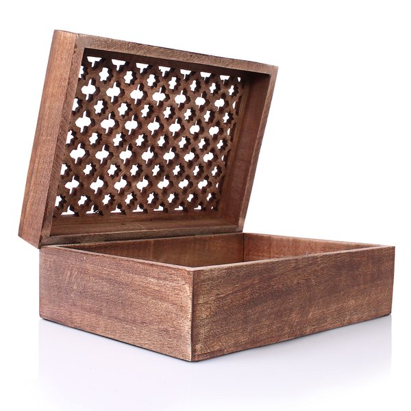 Mela Artisans Medium Keepsake Box with Hinged Trellis Lid - Medium Polish | Wooden Decorative Box | Keepsake Memory Box | Mango Wood Storage Box | Store Trinkets, Cards & Stash | 7.5” x 4.5” x 3”