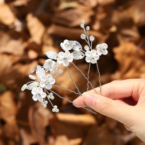 Unicra Silver Flower Bride Wedding Hair Pins Leaf Bridal Headpiece Pearl Rhinestone Bridesmaids Hair Accessories for Women and Girls(Pack of 3)