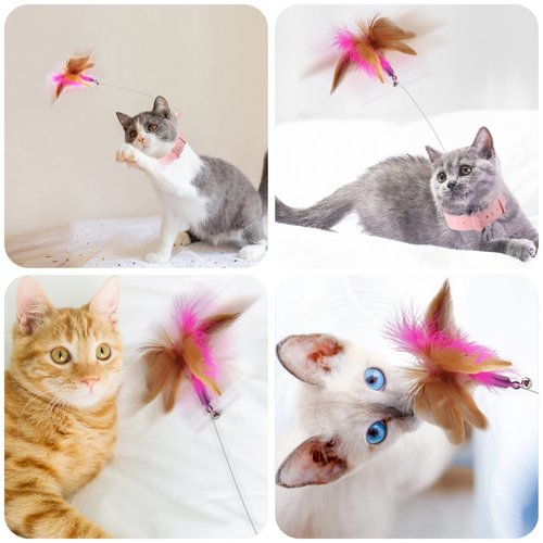 Otunrues Cat Feather Collar Toys, Interactive Cat Toys for Indoor Cats Teasing Wand Collar Funny Cat Toy with Bell and Replaceable 3 Feathers Refills Multiple Ways for Cats to Play(Blue)