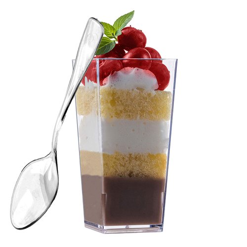 zappy 50 3 oz Tall Square Mini Dessert Cups With Spoons Clear Plastic Dessert Cups Tasting Shot Glasses Shooter Cups Parfait Glasses Appetizer Cup Serving Bowl Trifle Tumbler Desserts
