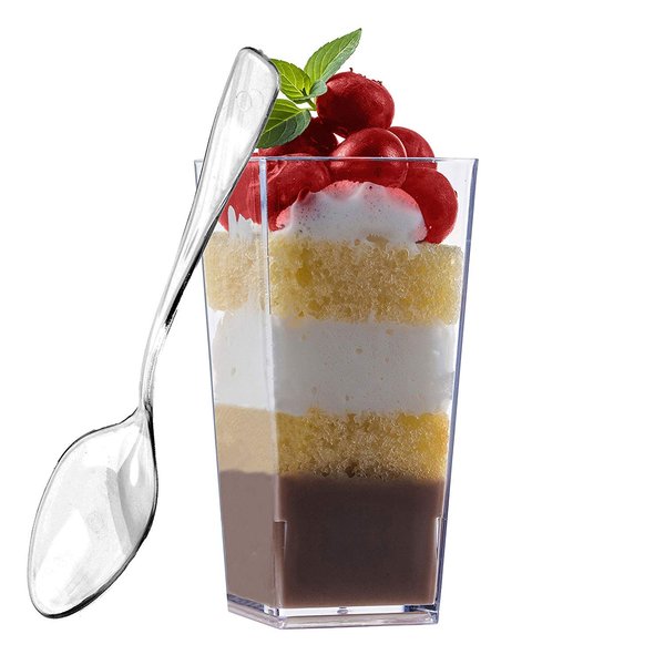 zappy 50 3 oz Tall Square Mini Dessert Cups With Spoons Clear Plastic Dessert Cups Tasting Shot Glasses Shooter Cups Parfait Glasses Appetizer Cup Serving Bowl Trifle Tumbler Desserts