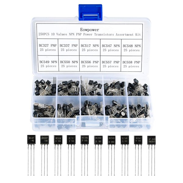 Eowpower 250PCS 10 Values NPN PNP Power Transistors Assortment Kit(BC327 BC337 BC517 BC547 BC548 BC549 BC550 BC556 BC557 BC558)