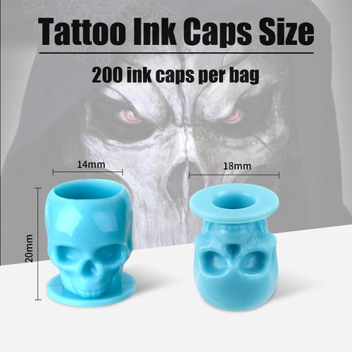 YILONG Disposable Tattoo Ink Caps Skull Tattoo Ink Cups with Stable Base and 200pcs Per Pack Permanent Makeup Pigment Holder Container Cap Tattoo Accessory,Blue