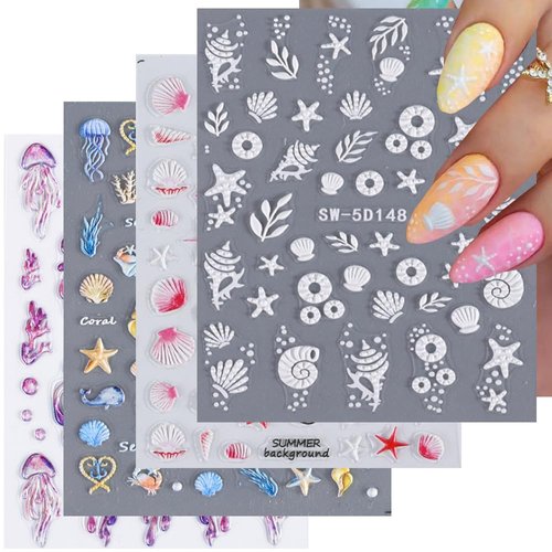 4 Pcs Summer Fun Nail Stickers Decals - SHANRUN Ocean Fish Nail Art Stickers Nail Stickers for Nail Art Jellyfish Starfish Beach Shells Seaweed Design Manicure Sliders for Women Nail Art Decorations