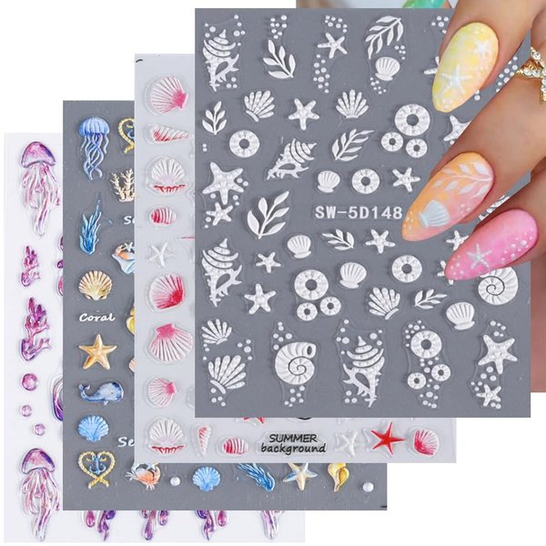 4 Pcs Summer Fun Nail Stickers Decals - SHANRUN Ocean Fish Nail Art Stickers Nail Stickers for Nail Art Jellyfish Starfish Beach Shells Seaweed Design Manicure Sliders for Women Nail Art Decorations
