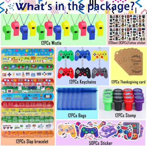 134 Pcs Video Game Party Favors, Includes Video Game Slap Bracelet Keychain Stamper Whistle Mesh Bag Card Stickers Tattoos for Kids Gaming Party Favors Birthday Goodie Bag Fillers