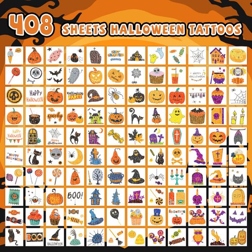 EMOME 408 PCS Glitter Halloween Temporary Tattoos for Kids, Cute Tattoo Stickers for Halloween Birthday Party Decorations, Individual Wrapped Kids Tattoos Bulk Special for Halloween Non-Candy Treats