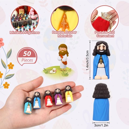 Bememo 50 Pcs Little Jesus Figures Original Design Mini Rubber Jesus Toys to Hide and Seek Christmas Religious Party Favors Sunday School Baptism Gifts