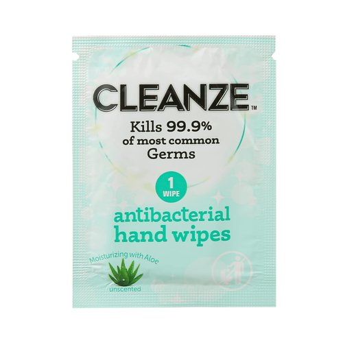 Cleanze Antibacterial Hand Sanitizing Individual Hand Wipe Packets, 50 Unscented Disinfecting Hand Sanitizer Wipes with Aloe for Travel, Kills 99.9% of Germs