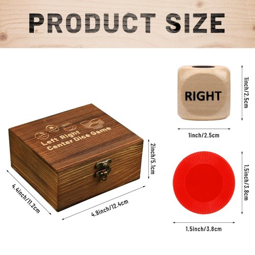 Left Right Center Dice Game Set, Include 3 1-inch Wooden Dices and 48 Pcs Chips in Wooden Box, Easy to Store and Carry Around for Travel