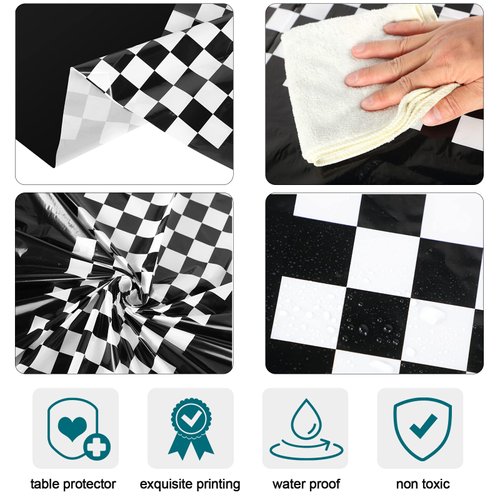 Oudain Cars Birthday Party Supplies Racing Party Decorations Round Racing Tablecloth Checkered Flag Table Covers Road Plastic Table Cloth, 1950s Disco Dancing Party Tablecloth (Black,3 Pcs)