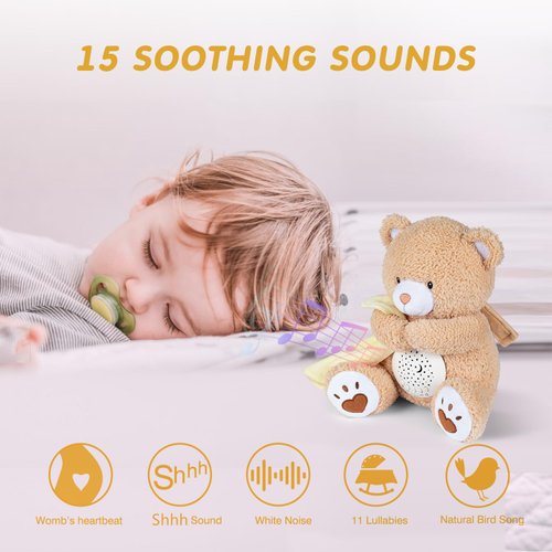 BEREST Baby Sleep Soother Happy Bear, Mom's Heartbeat Bear Lullabies White Noise Machine, Nursery Decor Night Light Projector, Toddler Crib Sleeping Aid, Baby Shower Gifts Portable Teddy