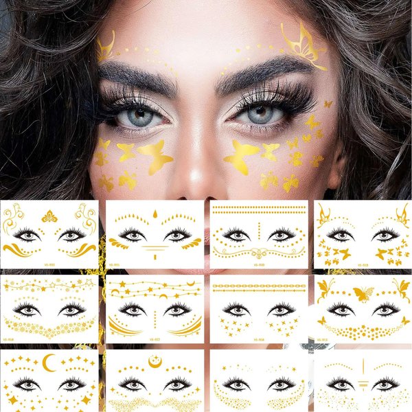 AUOCATTAIL 12 Sheets Halloween Metallic Glitter Face Temporary Tattoo Stickers and Freckle Stickers, Butterfly Star Temporary Waterproof Tattoo Stickers for Women's Parties, Festivals, Cosplay