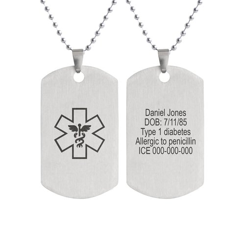 Medical Alert Necklace for Men & Women Custom Stainless Steel Laser Engraved ID Tag Emergency Awareness Med Prescription Safety Jewelry for Diabetes, Allergy, Epilepsy & Conditions (Military tag)
