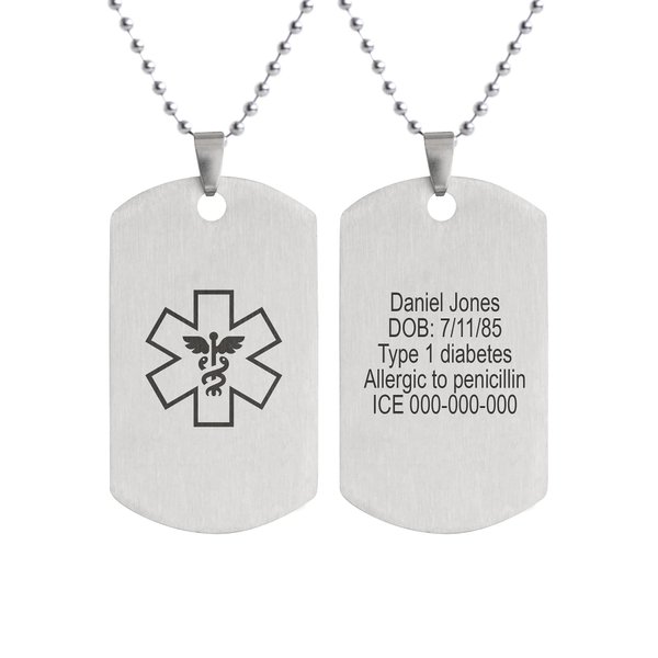 Medical Alert Necklace for Men & Women Custom Stainless Steel Laser Engraved ID Tag Emergency Awareness Med Prescription Safety Jewelry for Diabetes, Allergy, Epilepsy & Conditions (Military tag)