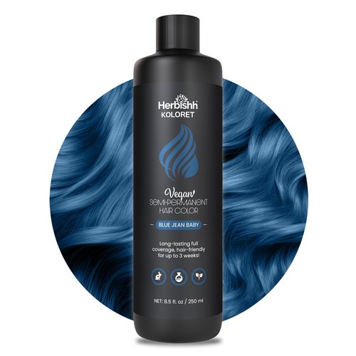 Herbishh Koloret Blue Jean Baby Semi Permanent Hair Color, Ammonia Free & Vegan Hair Dye, Long-Lasting Up to 3 Weeks, Full Grey Coverage, Blue Hair Dye Semi Permanent, Non-Drip Formula 8.5 fl. oz