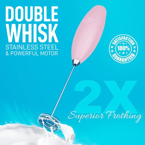 Zulay Kitchen Powerful Double Whisk Milk Frother Handheld - Foam Maker With Stand - Whisk Drink Mixer for Coffee, Mini Foamer for Latte, Matcha, Frappe, Hot Chocolate & Cappuccino - Pink