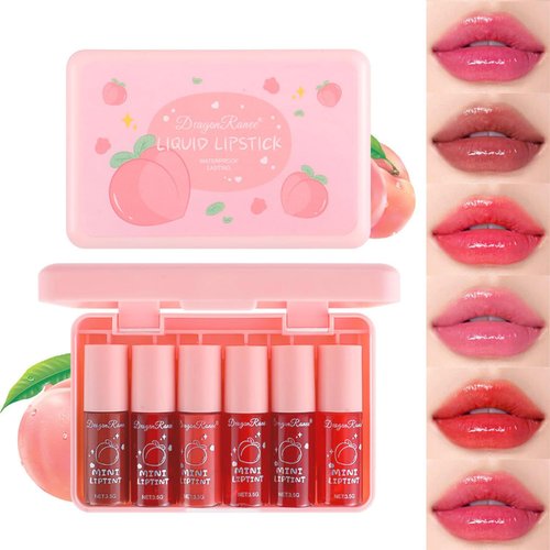 6 Colors Peach Lip Tint Stain Set, Korean Velvet Lip Tint Lip Stain Lip Gloss Mini Liquid Lipstick Set, Multi-Use Lip and Cheek Tint, Long Lasting, Waterproof, Vivid Color, Lip Tint Makeup
