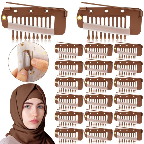 Crowye 20 Pieces Chunni Clips with Safety Pins - 10 Teeth Strong Grip Flat Clips for Hijab Veil, Wigs, Hair Extensions, and Dupattas (Brown)