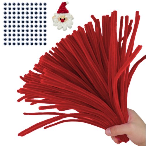 AHUIFT Upgraded 100PCS Light Red Pipe Cleaners Chenille Stems Bulk DIY Art Supplies Craft Bonus Googly Eyes Thicker Long Fuzzy Sticks Wires for Adults and Toddlers