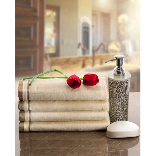 Creative Scents 100% Cotton Velour Fingertip Towels - 4 Pack 11 by 18 Inch – Decorative, Extra Absorbent and Soft Face Towel, Ideal for Bathroom and Powder Room (Cream with Embroidered Brown Trim)