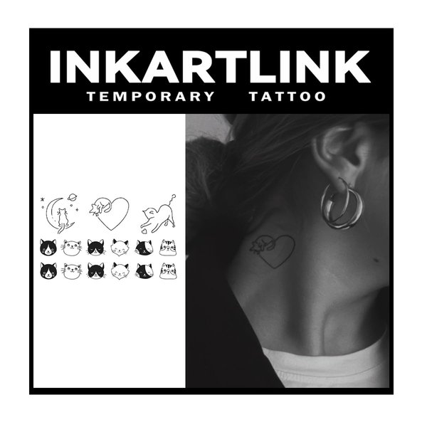 INKARTLINK Temporary Tattoos, 3 Sheets Small Semi Permanent Tattoo, Adult Art Design Temporary Tattoos, Lasts 1-2 Weeks, Waterproof, Realistic Look, No Adhesive, No Reflection (Love and Cats)