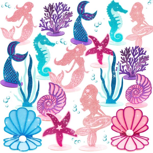 SUNBEAUTY 18 PCS Glitter Mermaid Party Decoration DIY Felt Table Centerpiece Under The Sea Baby Shower Little Mermaid Girl Birthday Party Supplies