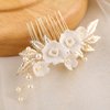 Soulshow New Handmade Ceramic Flower Wedding Hair Accessories Pearl Gold Alloy Leaf Wedding Hair Comb Bridal Hair Accessories Classical Wedding Headpiece for Bride