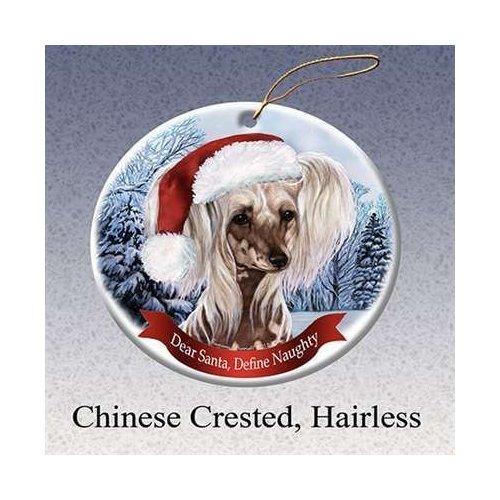 Holiday Pet Gifts Chinese Crested, Hairless Santa Hat Dog Porcelain Ornament