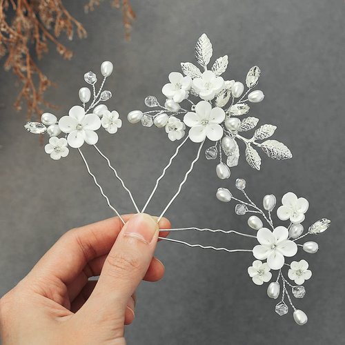 Heread Flower Bride Wedding Hair Pins Silver Leaf Bridal Hair Pieces Pearl Hair Accessories for Women and Girls(Pack of 3)