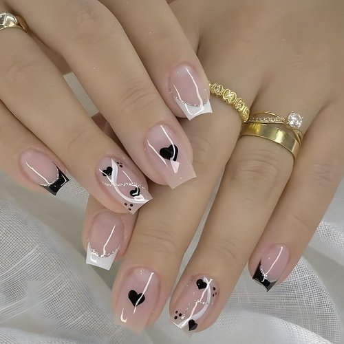 Valentine's Day Press on Nails Short Square French Fake Nails with Heart Glitter Design False Nails Black White French Tip Glue on Nails Full Cover Glossy Valentines Stick on Nails for Women 24Pcs