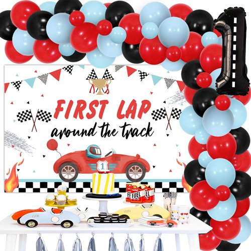 Sursurprise Fast One Birthday Decorations, Race car 1st Birthday Party Supplies, First Lap Around the Track Backdrop Vintage Racing Balloon Garland Arch Kit for Boys First Birthday