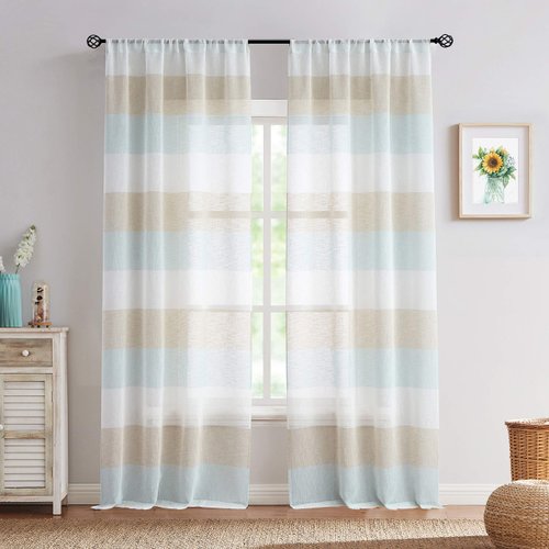 Vision Home Spa Blue and Tan Stripe Sheer Curtains Coastal Color Block Farmhouse Window Panels 84 inch Length Linen Rustic Light Filtering Drapes for Living Room Rod Pocket,40" Wx84 Lx2