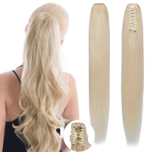 SEGO Pro Claw Clip Ponytail Extension Human Hair Long Straight Clip in Ponytail Hair Extensions Real Hair Ponytail Extension,16inch #60 Platinum Blonde,105g