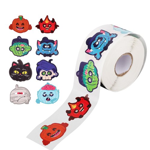 600pcs Halloween Pumpkin Stickers, 1.5 Inch Halloween Stickers Roll 8 Designs Pumpkin Face Stickers Halloween Character Stickers for Kids Party Decorations