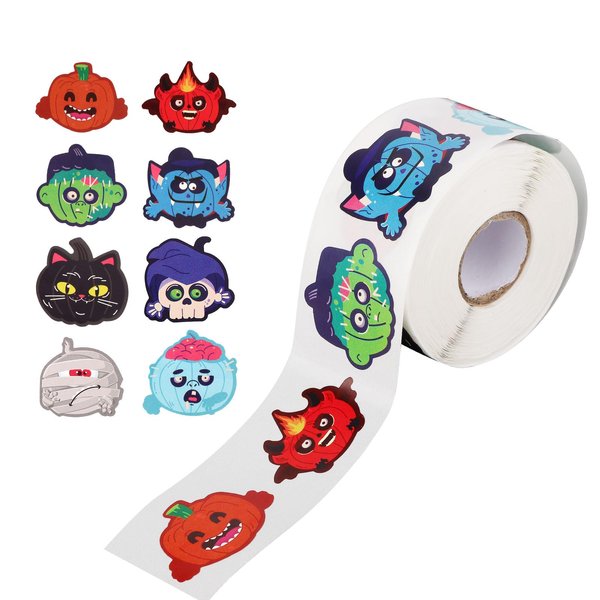 600pcs Halloween Pumpkin Stickers, 1.5 Inch Halloween Stickers Roll 8 Designs Pumpkin Face Stickers Halloween Character Stickers for Kids Party Decorations