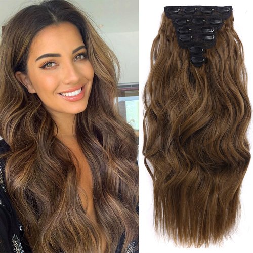 20 Inch Long Wavy Clip in Hair Extensions - 6PCS Set for Full Head - Thick Double Weft Synthetic ...