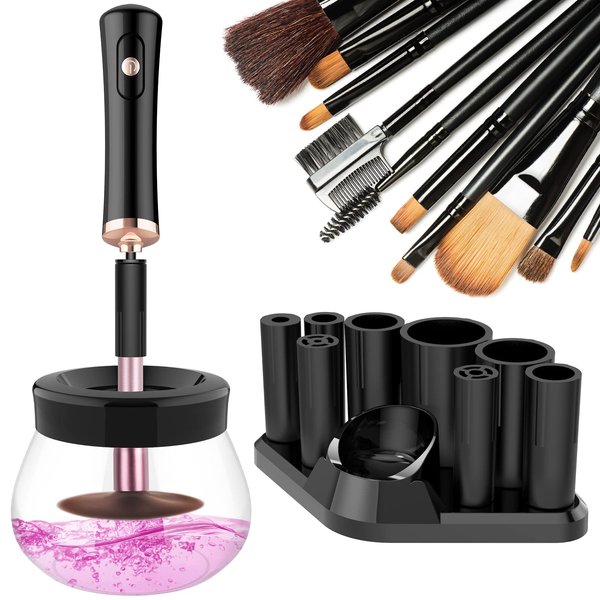 Fesmey Automatic Makeup Brush Cleaner Machine,Spinning Makeup Brush Cleaner and Dryer,Super-Fast Electric Make Up Brush Cleaner Cleanser Machine with 8 Size Collars (Black)