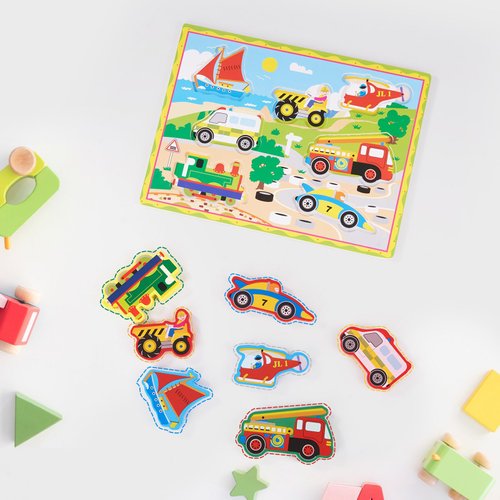 Miereirl Wooden Vehicles Chunky Puzzle Toys, Toddler Wooden Board Puzzles for 1-3 Years，7pcs Vehicles Baby Inset Puzzles, Montessori Learning Toys Personalized Baby Gifts for Girls Boys