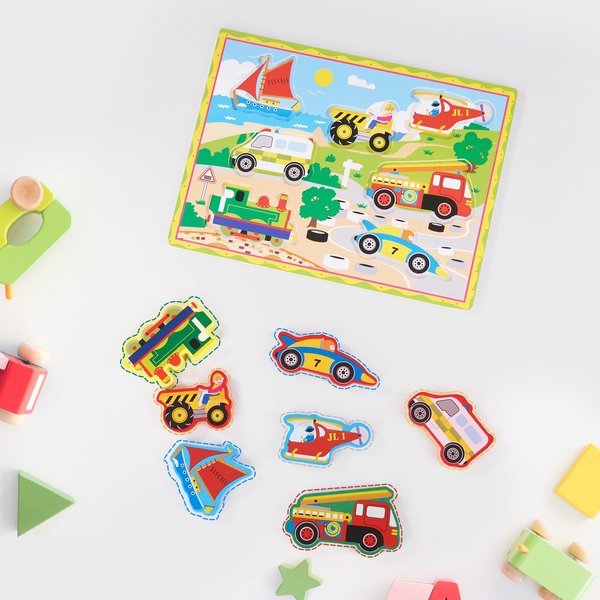 Miereirl Wooden Vehicles Chunky Puzzle Toys, Toddler Wooden Board Puzzles for 1-3 Years，7pcs Vehicles Baby Inset Puzzles, Montessori Learning Toys Personalized Baby Gifts for Girls Boys