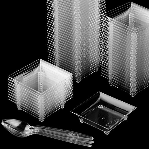 TOFLEN 100ct Mini Dessert Plates with Tasting Spoons, 2.5 Inch Small Reusable Clear Plastic Square Party Serving Hors D'oeuvres Plates for Appetizers (Square)