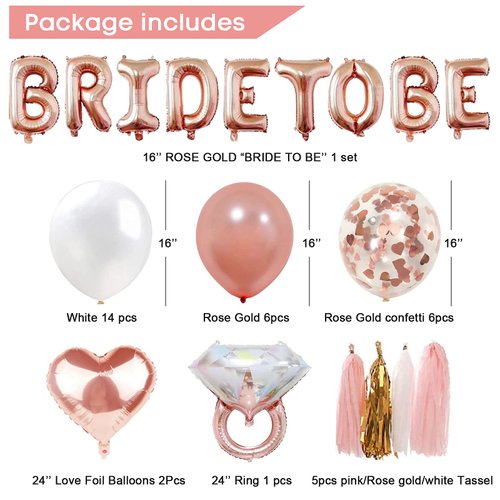 Bachelorette Party Decorations Kits-Rose Gold Bridal Shower Party Decor and Supplies-Bride to Be Balloons, Ring & Champagne Foil Balloons for Bridal Shower