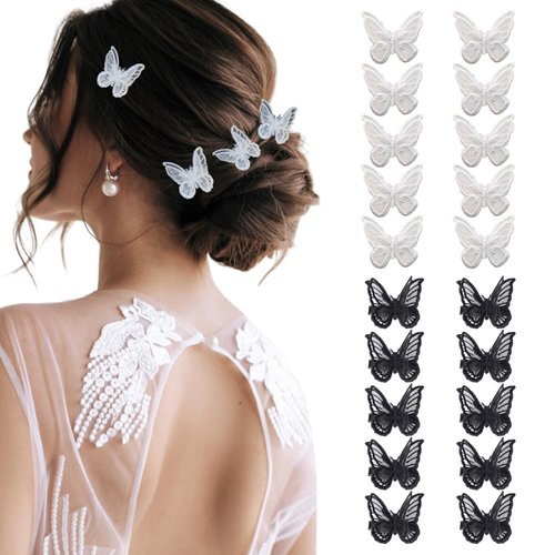 20 Pcs Butterfly Hair Clip Lace Embroidery Bows Clips Small Hair Pins Women Girls Teens Bridal for Wedding Valentine's Day Birthday Party Hair Accessories (Black, White)