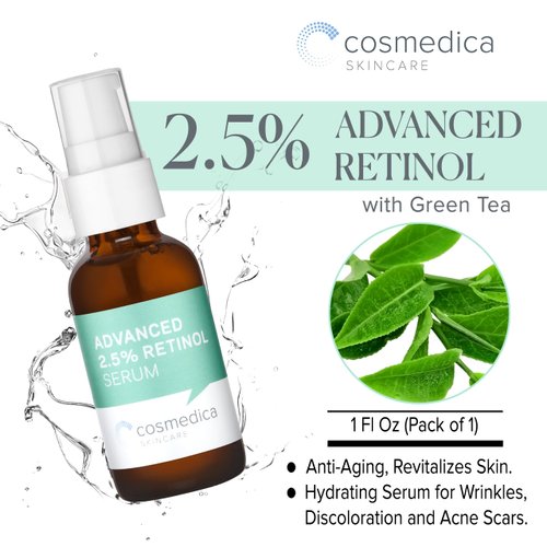 Cosmedica Skincare's Advanced 2.5% Retinol Serum w/Green Tea, Hyaluronic Acid & Vit E - Anti-Aging, Skin Revitalizing, Hydrating Serum for Fine Lines, Wrinkles, Discoloration, and Acne Scars, 1oz