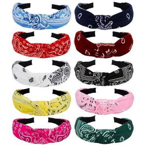 TOBATOBA Knotted Paisley Bandanas - 10Pcs Vintage Boho Headbands for Women, Girls, Ladies - Hair Bands, Diademas Para Mujer De Moda