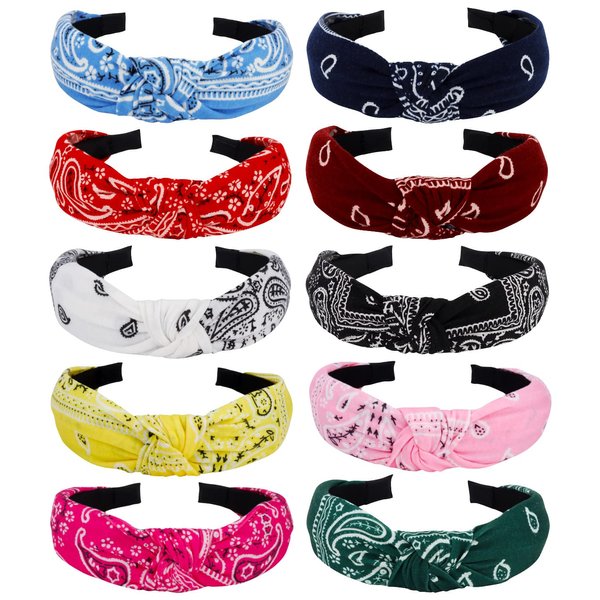 TOBATOBA Knotted Paisley Bandanas - 10Pcs Vintage Boho Headbands for Women, Girls, Ladies - Hair Bands, Diademas Para Mujer De Moda