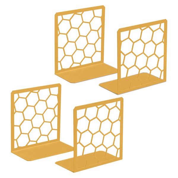 Premium Geometric Gold Honeycomb Bookends for Shelves, Metal Book Ends for Office, L-Shaped Book Stopper, Rustproof Bookends Decorative Unique for Home, 6.25 (L) x 6 (W) inches, 2 Pair - Geomod